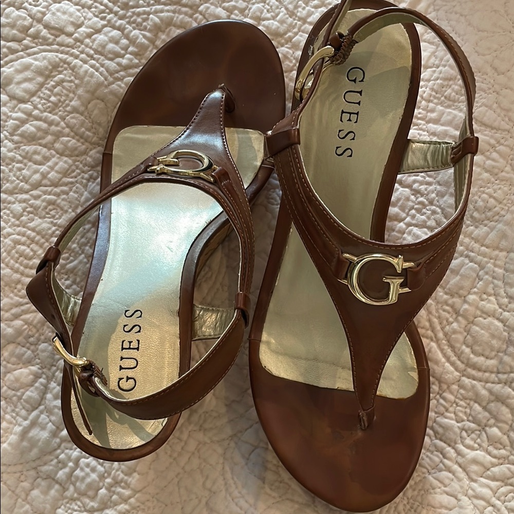 Guess Brown T-Strap Sandals with Suede Finish